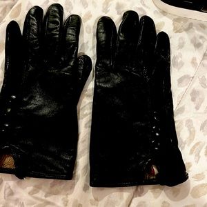 Black Leather lined gloves with covered button detail size medium